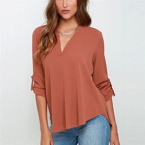 Sexy Women V-neck Solid Chiffon Blouse - Orange